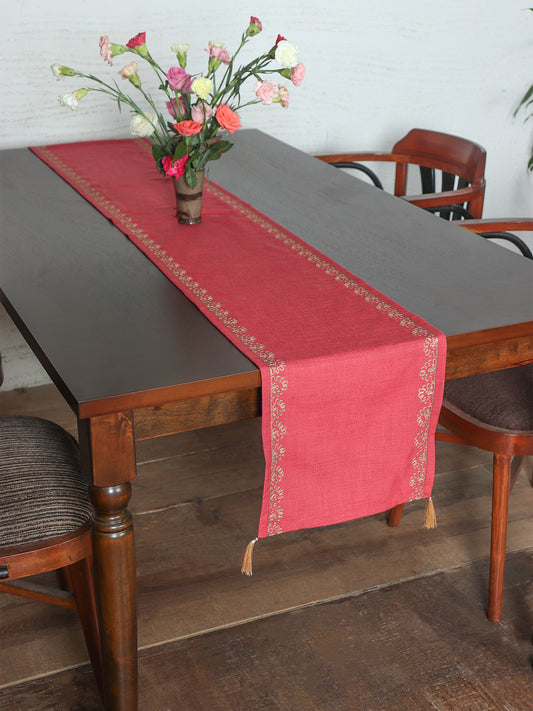 red colored embroidered table runner with tassels on edges for 6 seater table - 52x84 inches