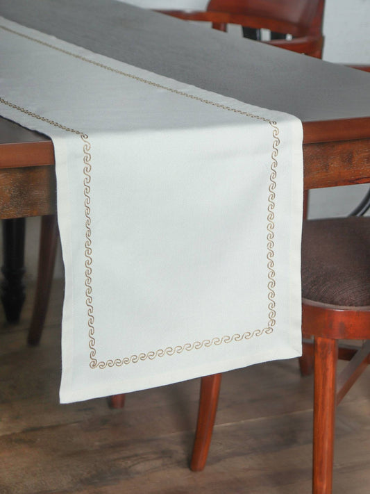 off white colored embroidered table runner golden embroidery on border for 6 seater table - 52x84 inches.