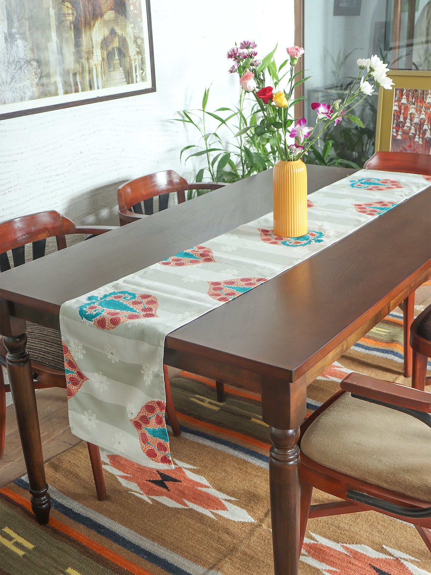 hand embroidered table runner on printed motif for 6 seater dining table - 12x84 inch