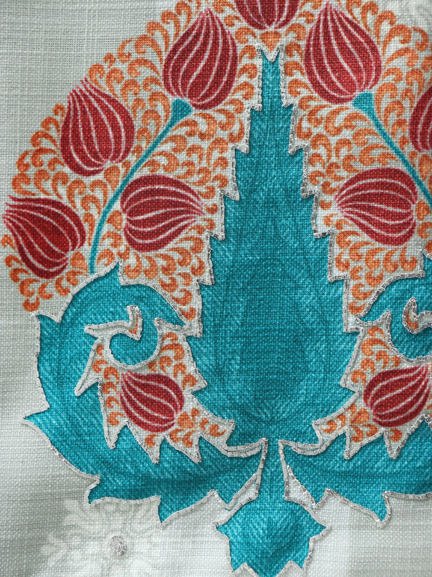 closeup of hand embroidery on digitally printed floral pattern of table runner - 12x84 inch