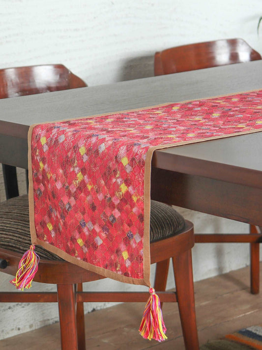 Brocade Silk Table Runner with Flange at Edges and Tassels | Silk - Pink | 6 Seater Dining Table - 12 x 84 inches