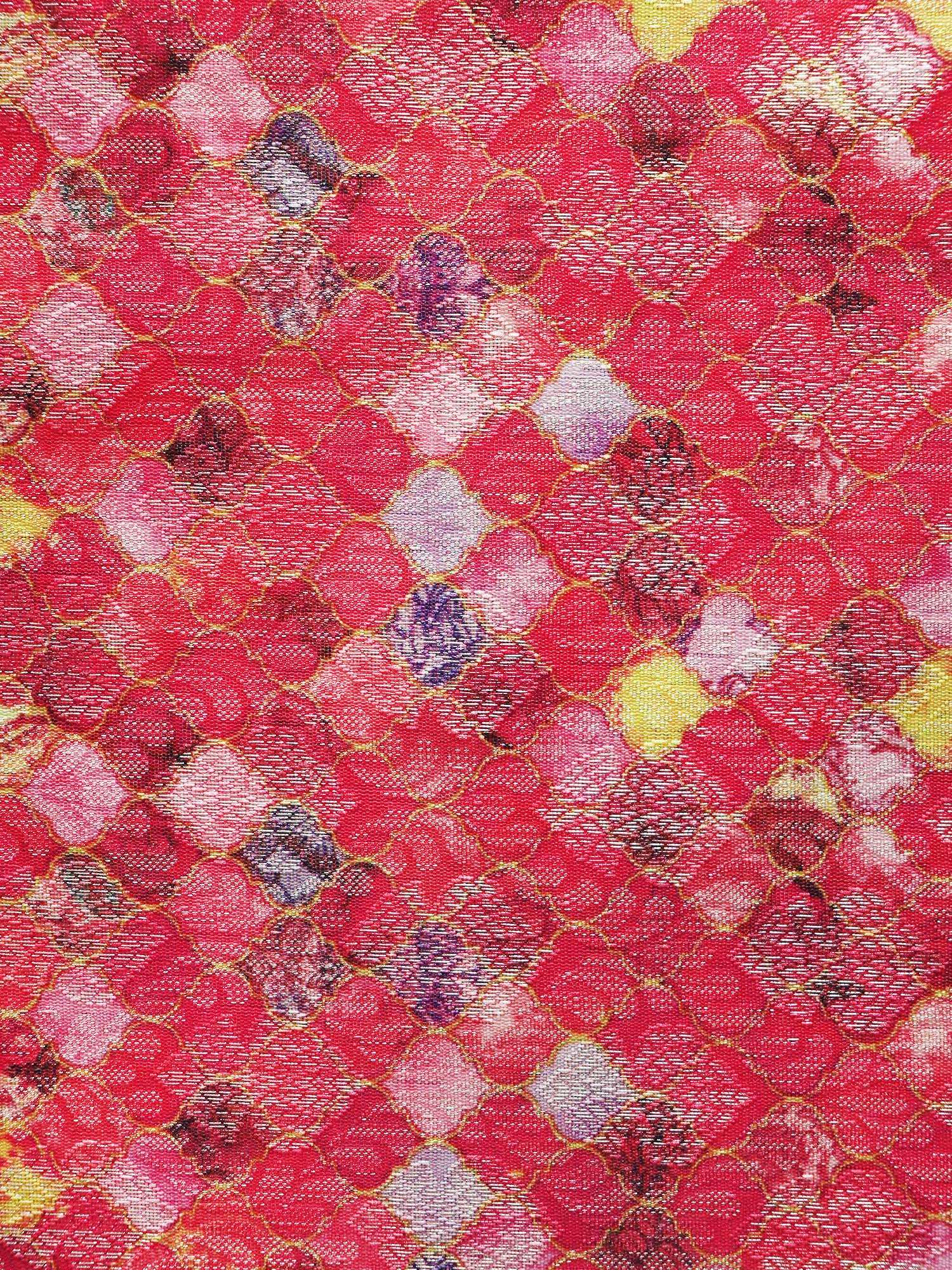 closeup of pink brocade silk table runner for 6 seater dining table - 12x84 inch