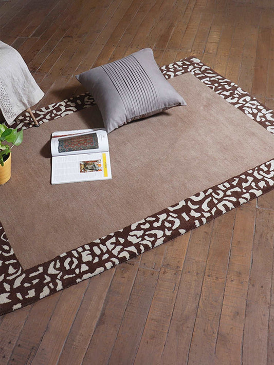 Carpet Hand Tufted 100% Woollen Border Beige And Brown Leopard  - 4ft X 6ft