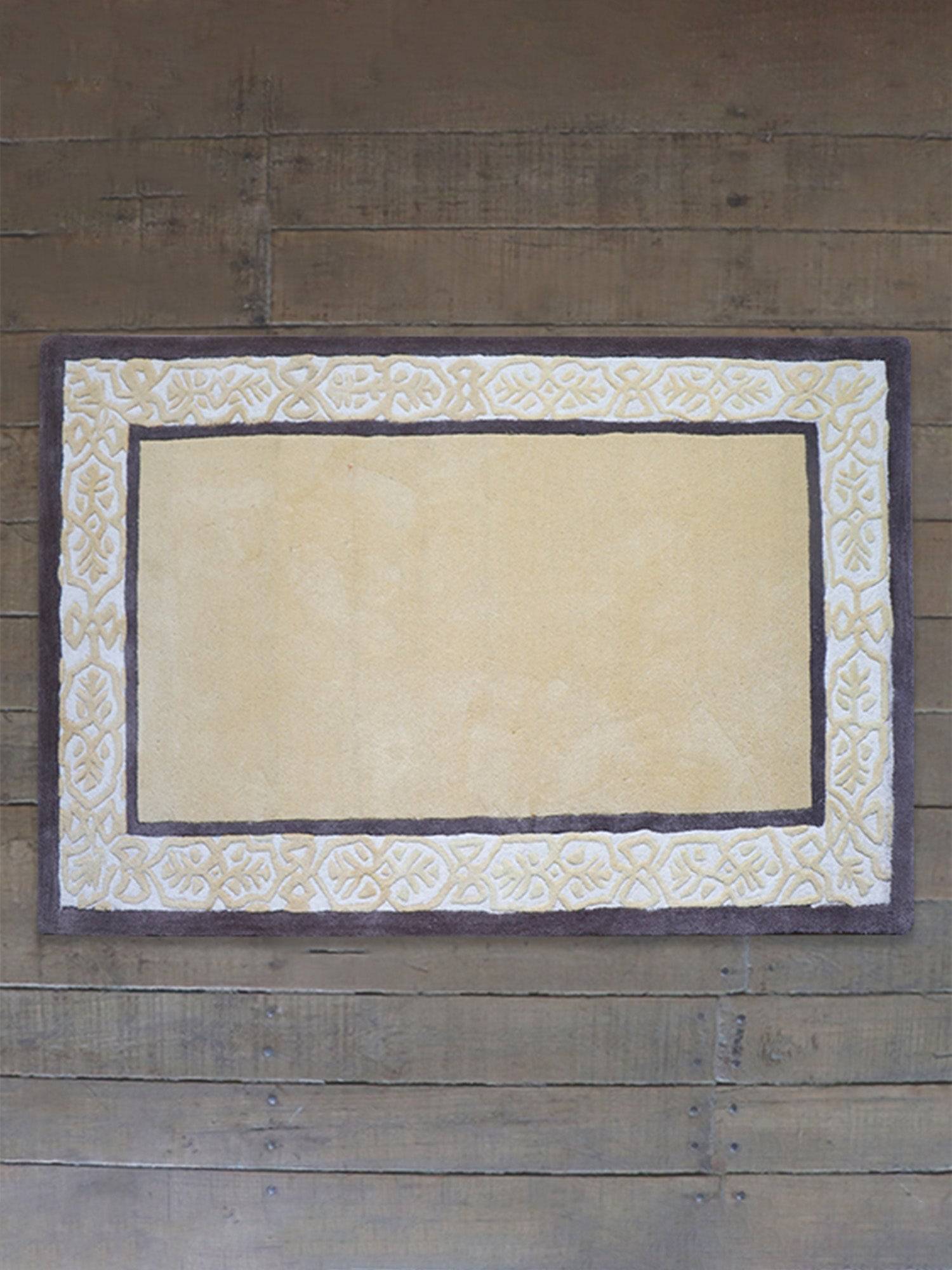 Carpet Hand Tufted 100% Woollen Ornamental Border Gold Brown - 4ft X 6ft