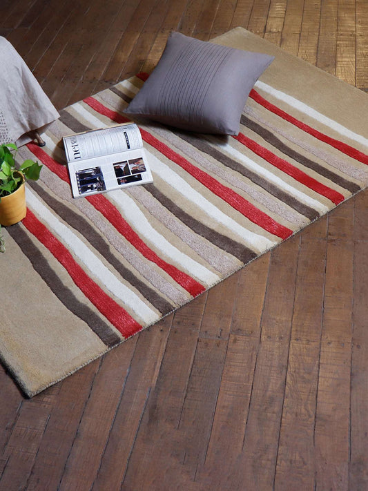 Carpet Hand Tufted 100% Woollen Modern Striped  Beige And Coral - 4ft X 6ft