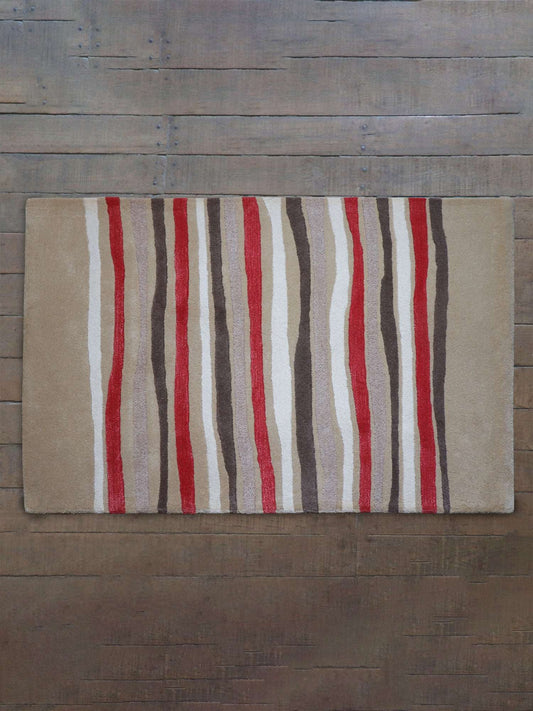 Carpet Hand Tufted 100% Woollen Modern Striped  Beige And Coral - 4ft X 6ft