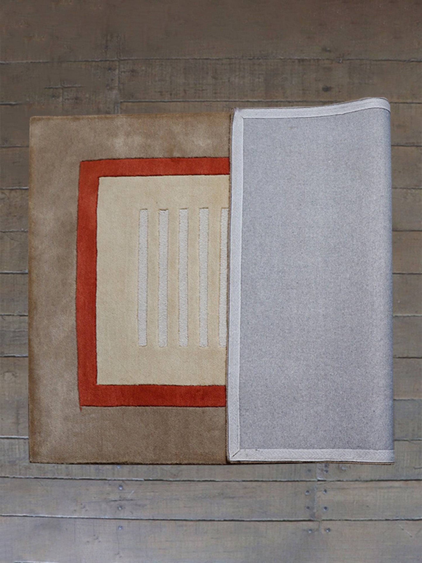 Carpet Hand Tufted 100% Woollen Beige,Rust And Brown Border Stripes - 4ft X 6ft