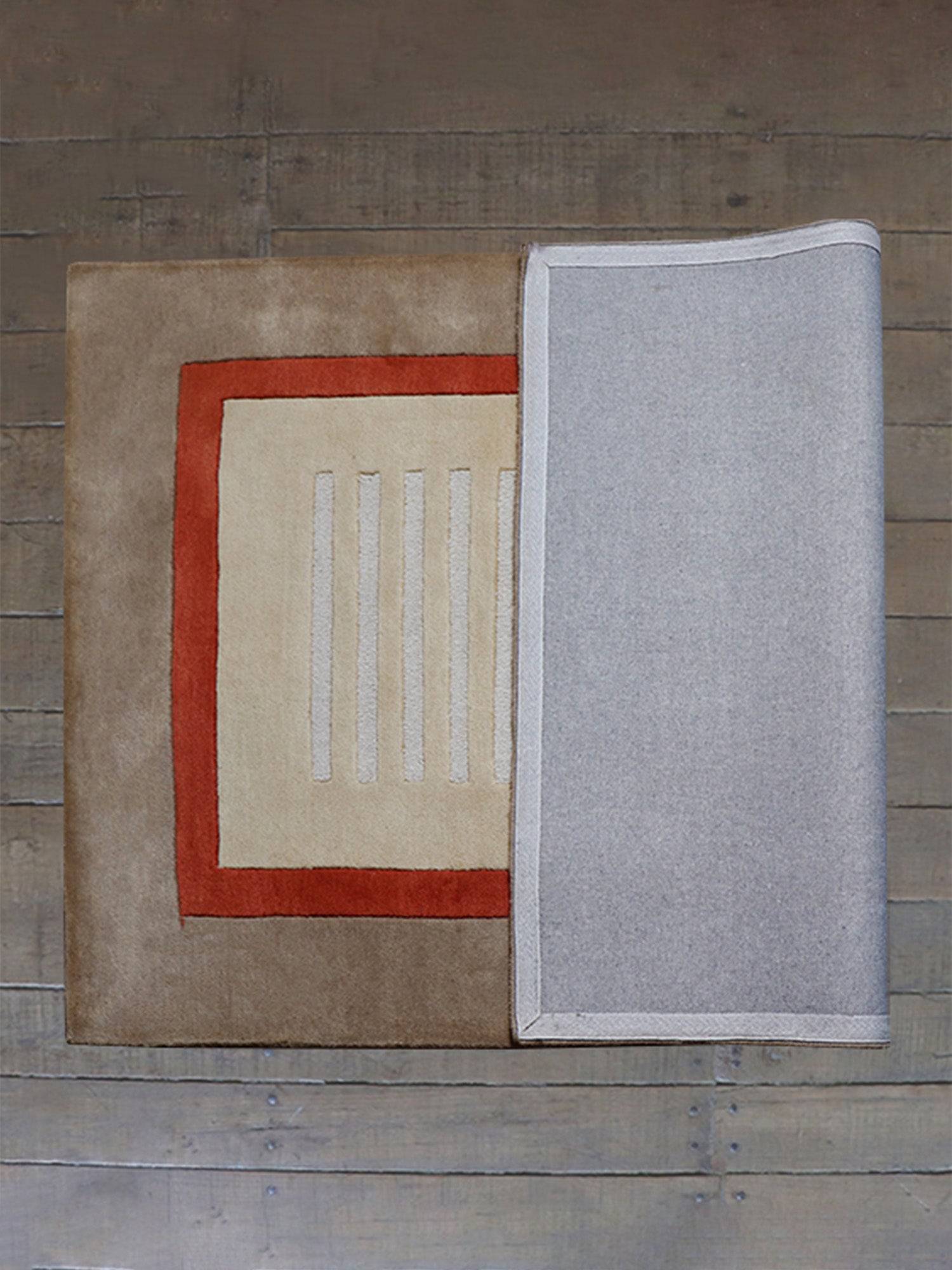Carpet Hand Tufted 100% Woollen Beige,Rust And Brown Border Stripes - 4ft X 6ft