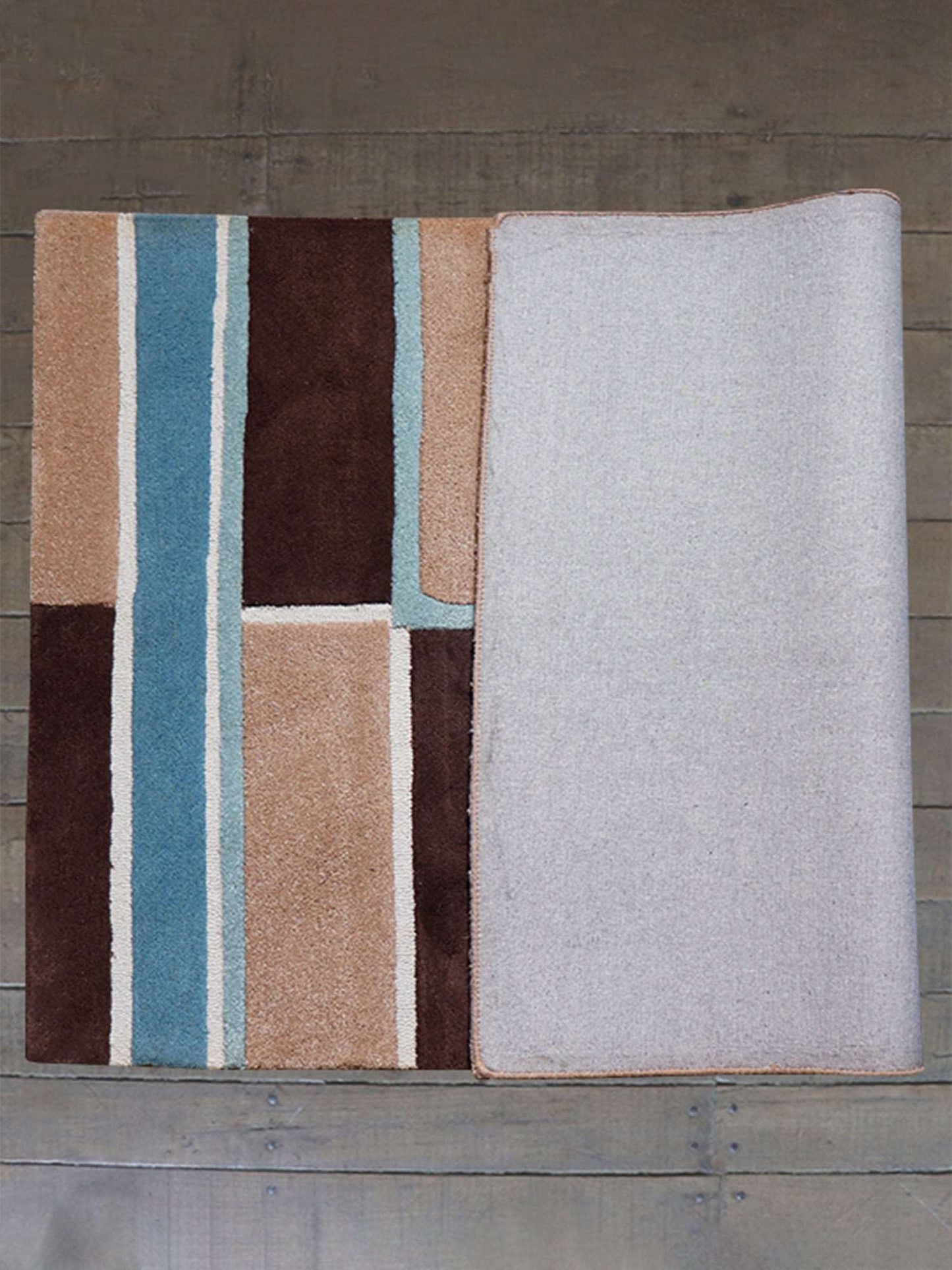 Carpet Hand Tufted 100% Woollen Multi Light Blue And Off White Block - 4ft X 6ft