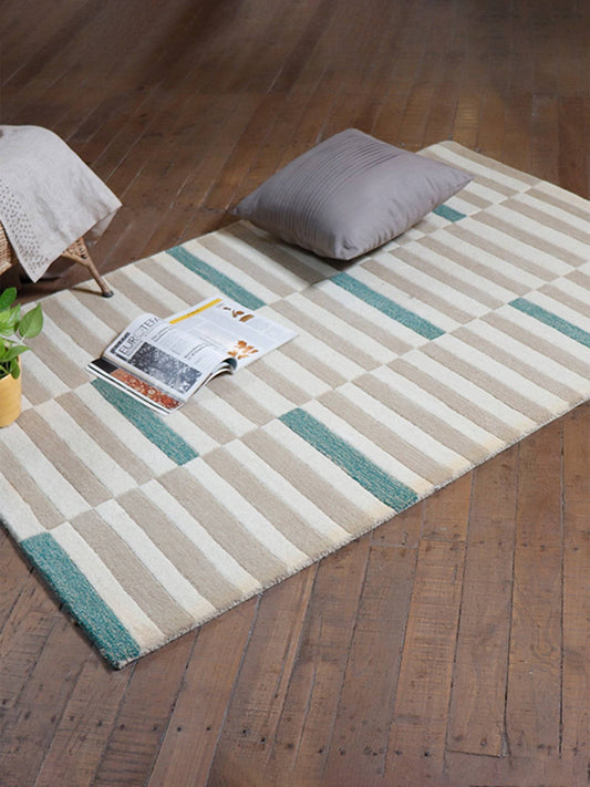 Carpet Hand Tufted 100% Woollen Beige And Brown And Turquoise Geometric Pattern - 4ft X 6ft
