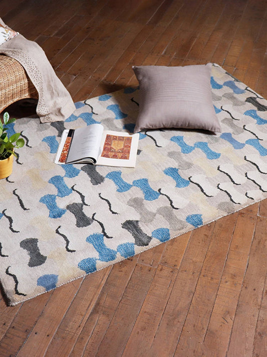 Carpet Hand Tufted 100% Woollen Grey And Blue Abstract Pebble Tile  - 4ft X 6ft
