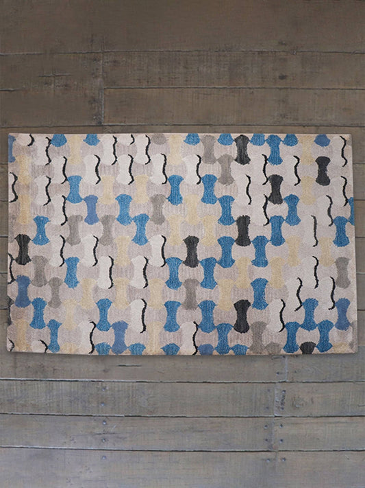 Carpet Hand Tufted 100% Woollen Grey And Blue Abstract Pebble Tile  - 4ft X 6ft