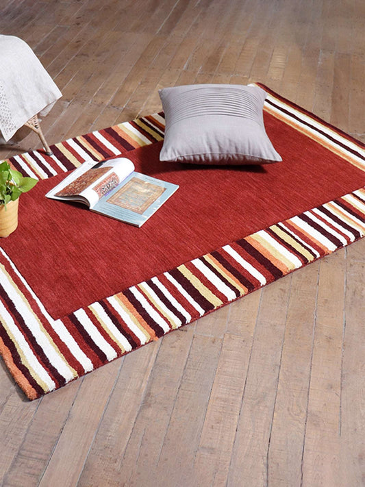 Carpet Hand Tufted 100% Woollen Maroon Border Stripes  - 4ft X 6ft