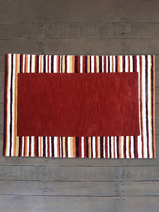 Carpet Hand Tufted 100% Woollen Maroon Border Stripes  - 4ft X 6ft