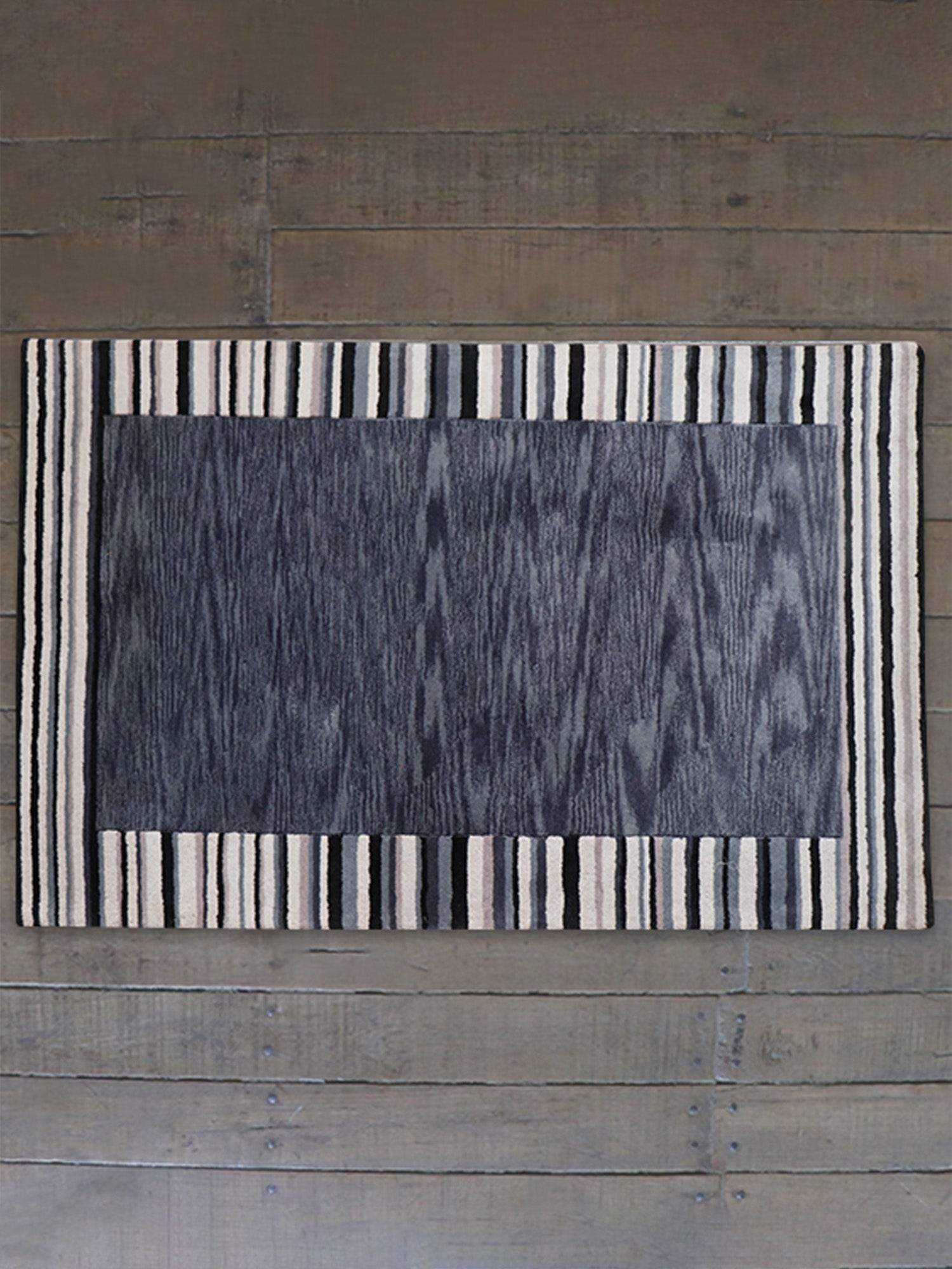 Carpet Hand Tufted 100% Woollen Grey Border Stripes - 4ft X 6ft