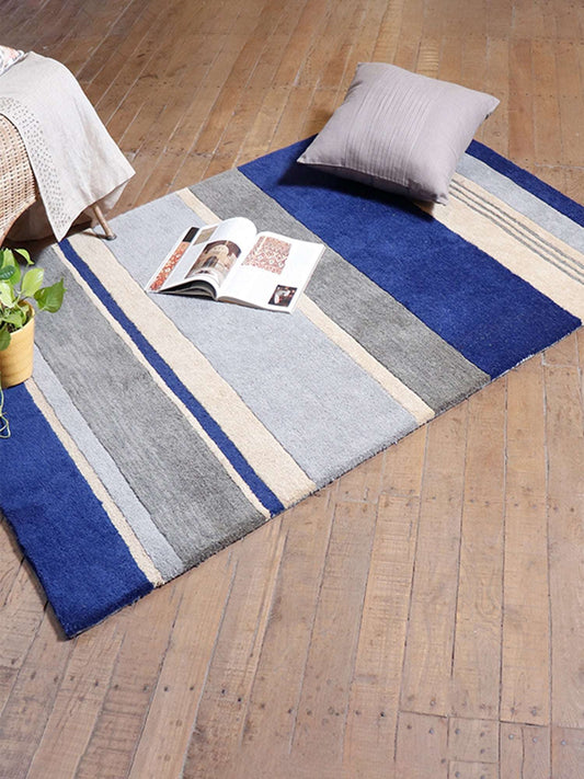 Carpet Hand Tufted 100% Woollen Off White Navy Grey Stripes Nautical - 4ft X 6ft