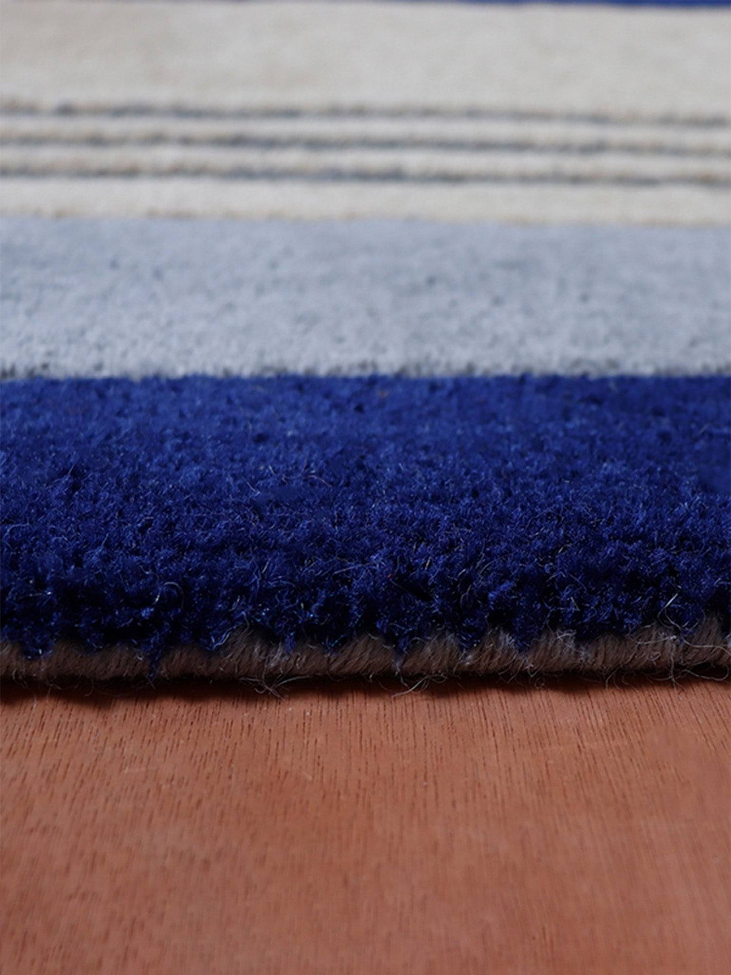 Carpet Hand Tufted 100% Woollen Off White Navy Grey Stripes Nautical - 4ft X 6ft