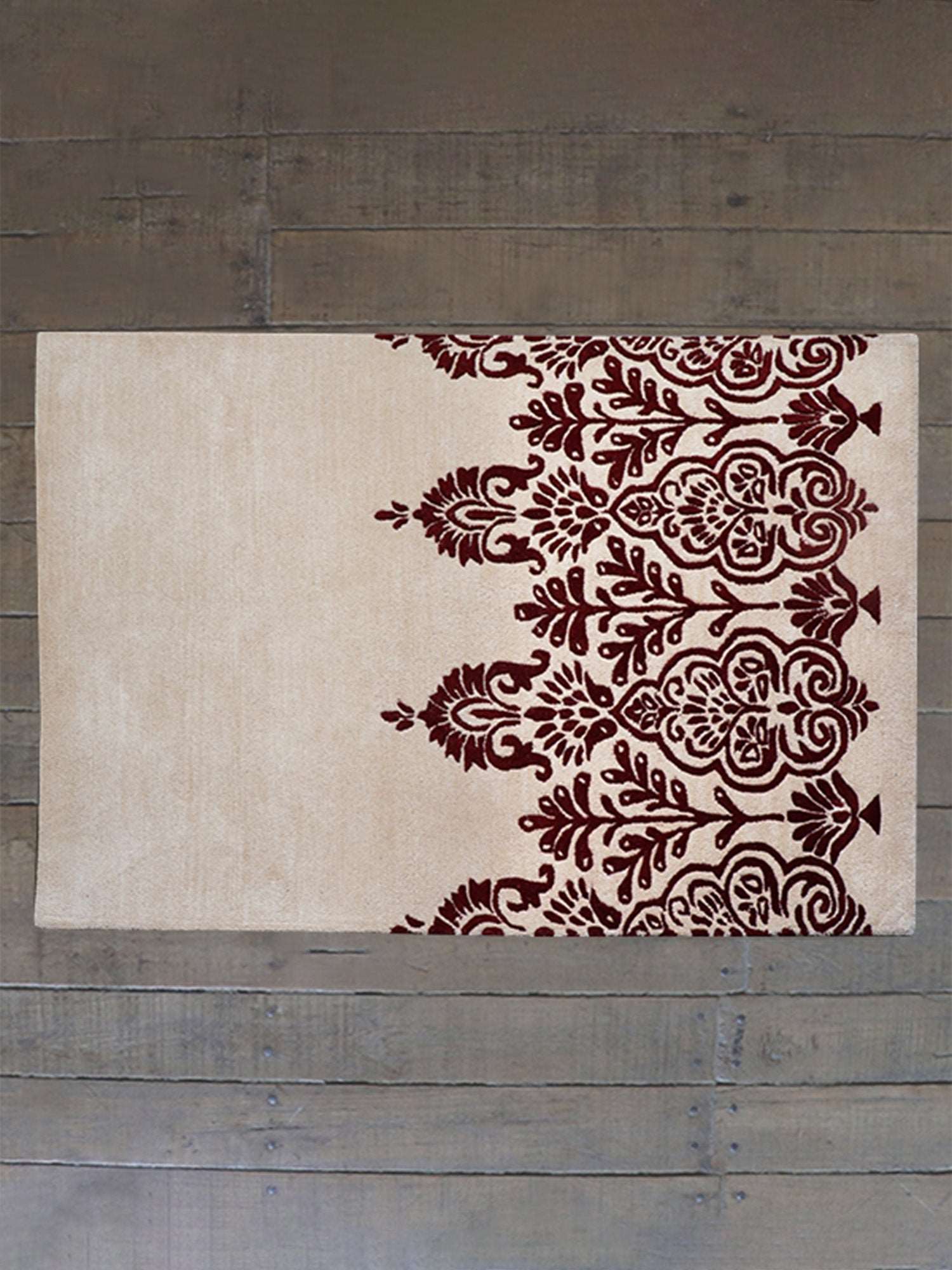 Carpet Hand Tufted 100% Woollen Damask Beige Maroon - 4ft X 6ft