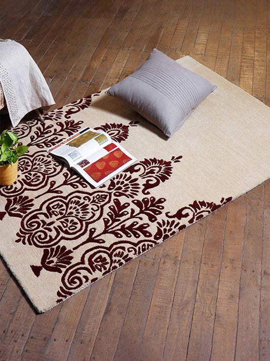 Carpet Hand Tufted 100% Woollen Damask Beige Maroon - 4ft X 6ft