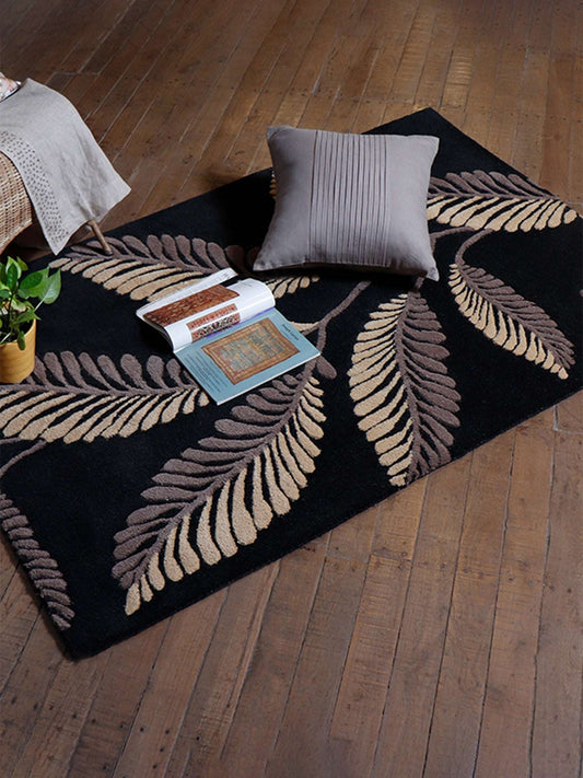 Carpet Hand Tufted 100% Woollen Leaf Black Beige - 4ft X 6ft