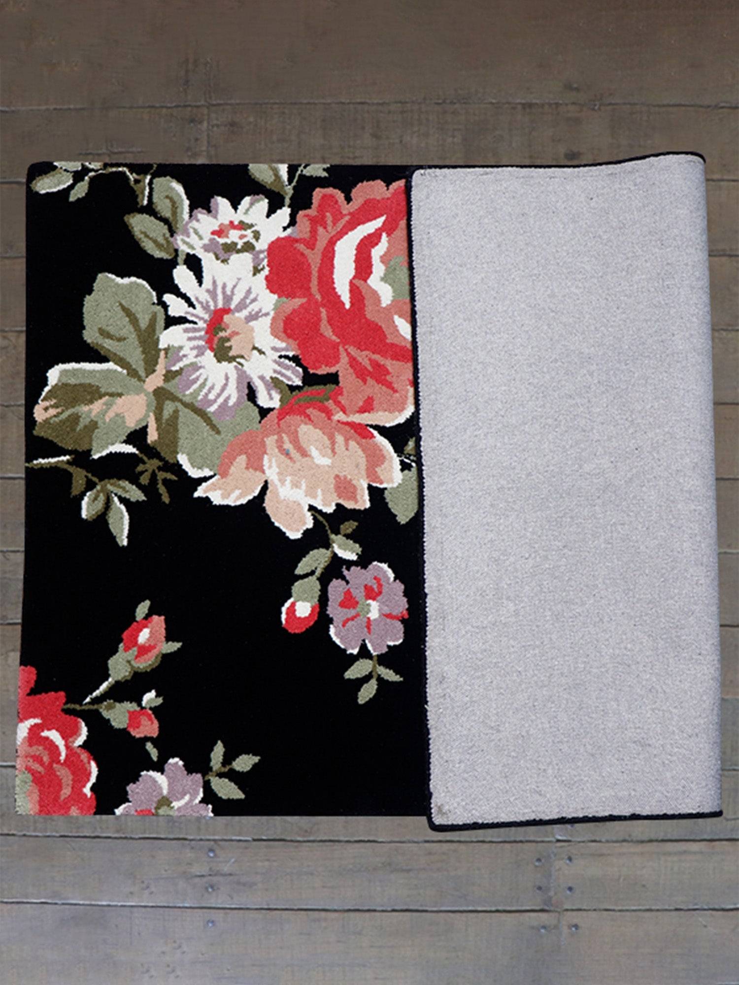 Carpet Hand Tufted 100% Woollen Floral Vintage Black - 4ft X 6ft