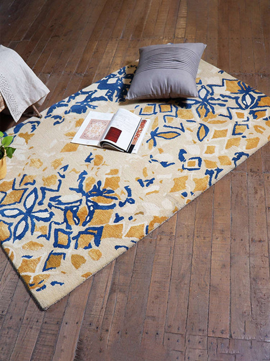 Carpet Hand Tufted 100% Woollen Beige Gold Blue Abstract - 4ft X 6ft