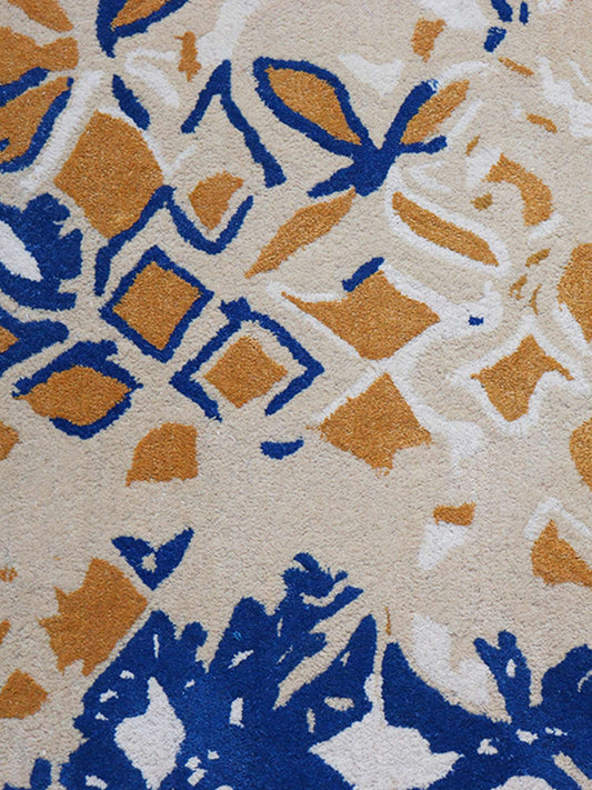 Carpet Hand Tufted 100% Woollen Beige Gold Blue Abstract - 4ft X 6ft