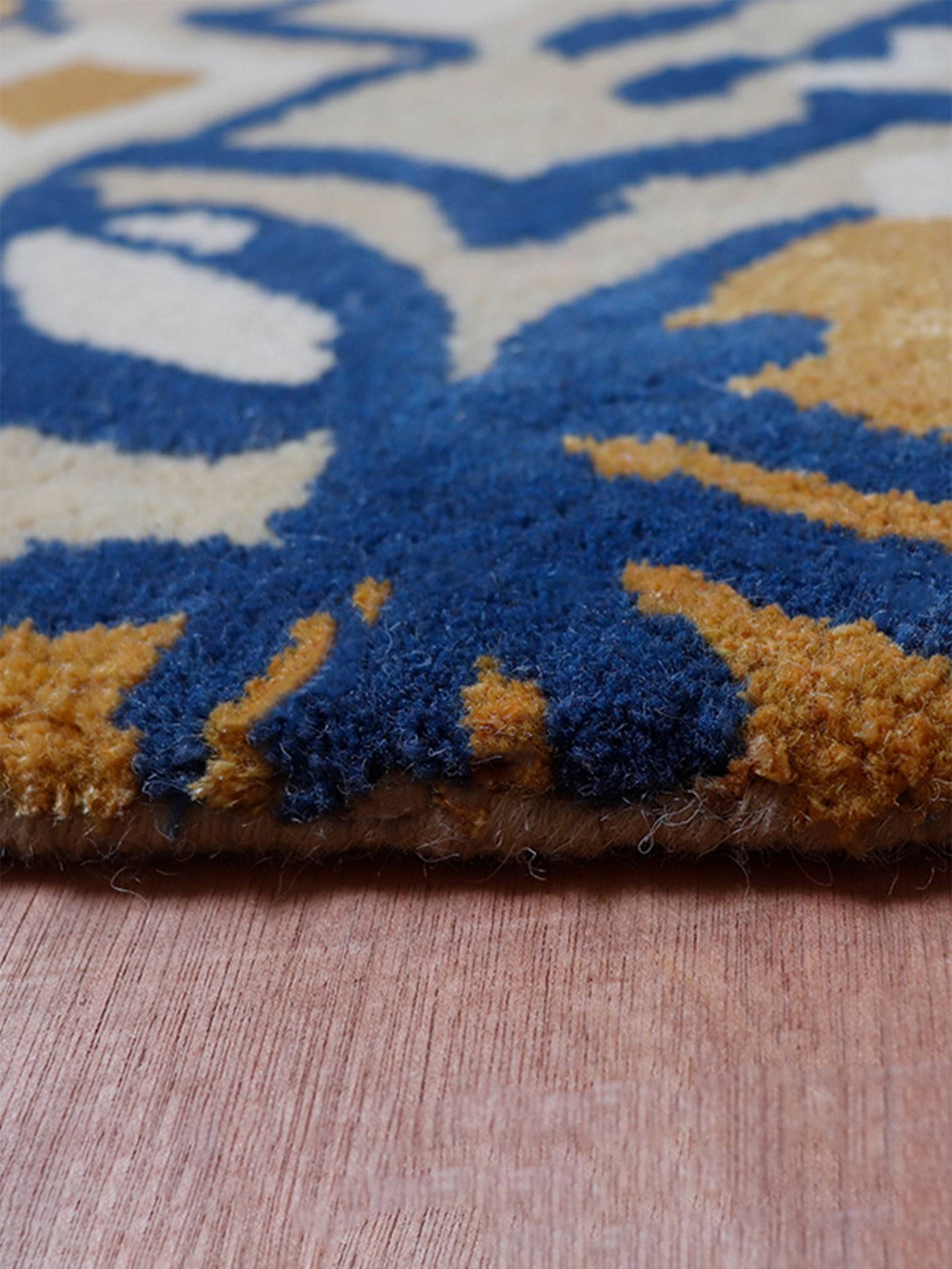 Carpet Hand Tufted 100% Woollen Beige Gold Blue Abstract - 4ft X 6ft