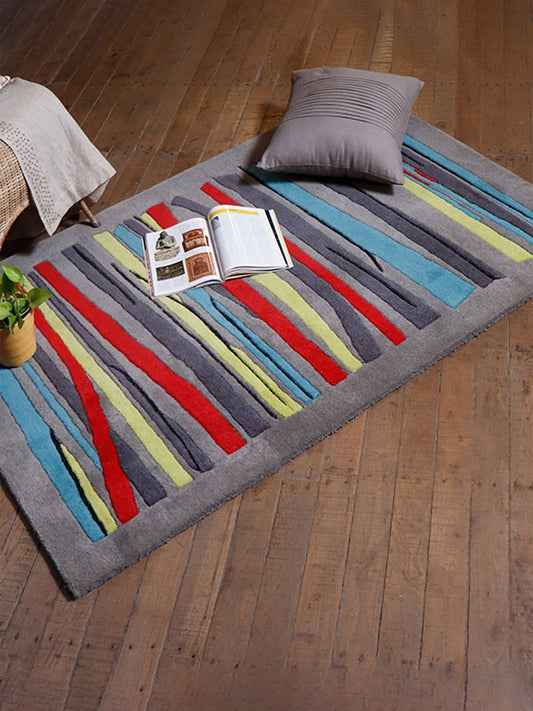 Carpet Hand Tufted 100% Woollen Grey Blue Green Striped - 4ft X 6ft