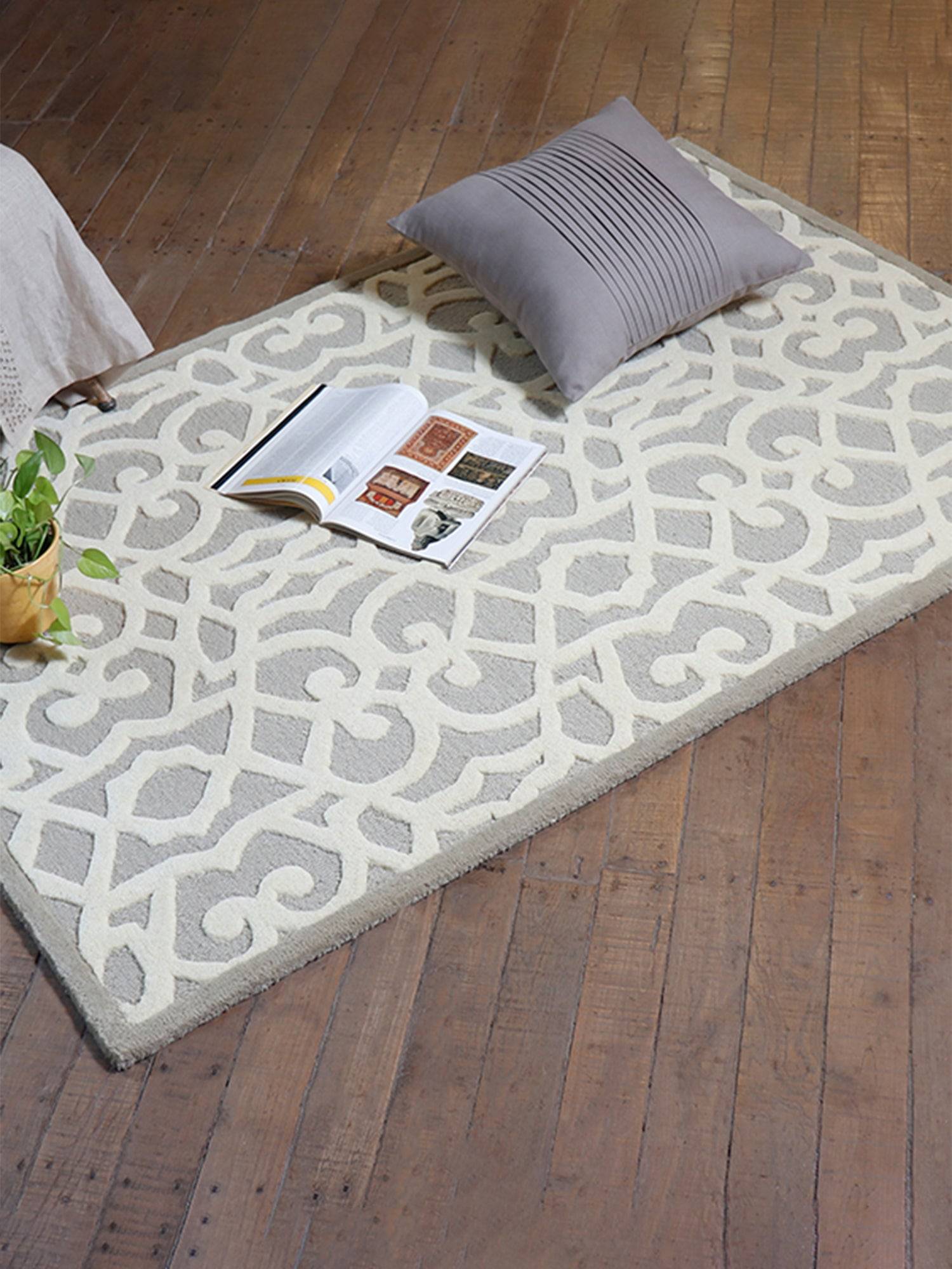 Carpet Hand Tufted 100% Woollen Mushroom And Offwhite Trellis  - 4ft X 6ft