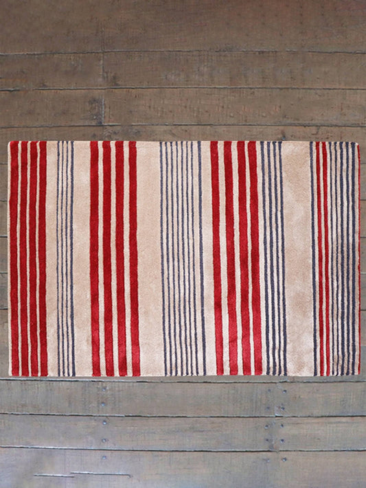 Carpet Hand Tufted 100% Woollen Mushroom, Wine And Grey Stripes - 4ft X 6ft