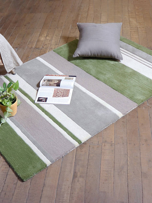 Carpet Hand Tufted 100% Woollen Mushroom, Green And Brown Stripes - 4ft X 6ft