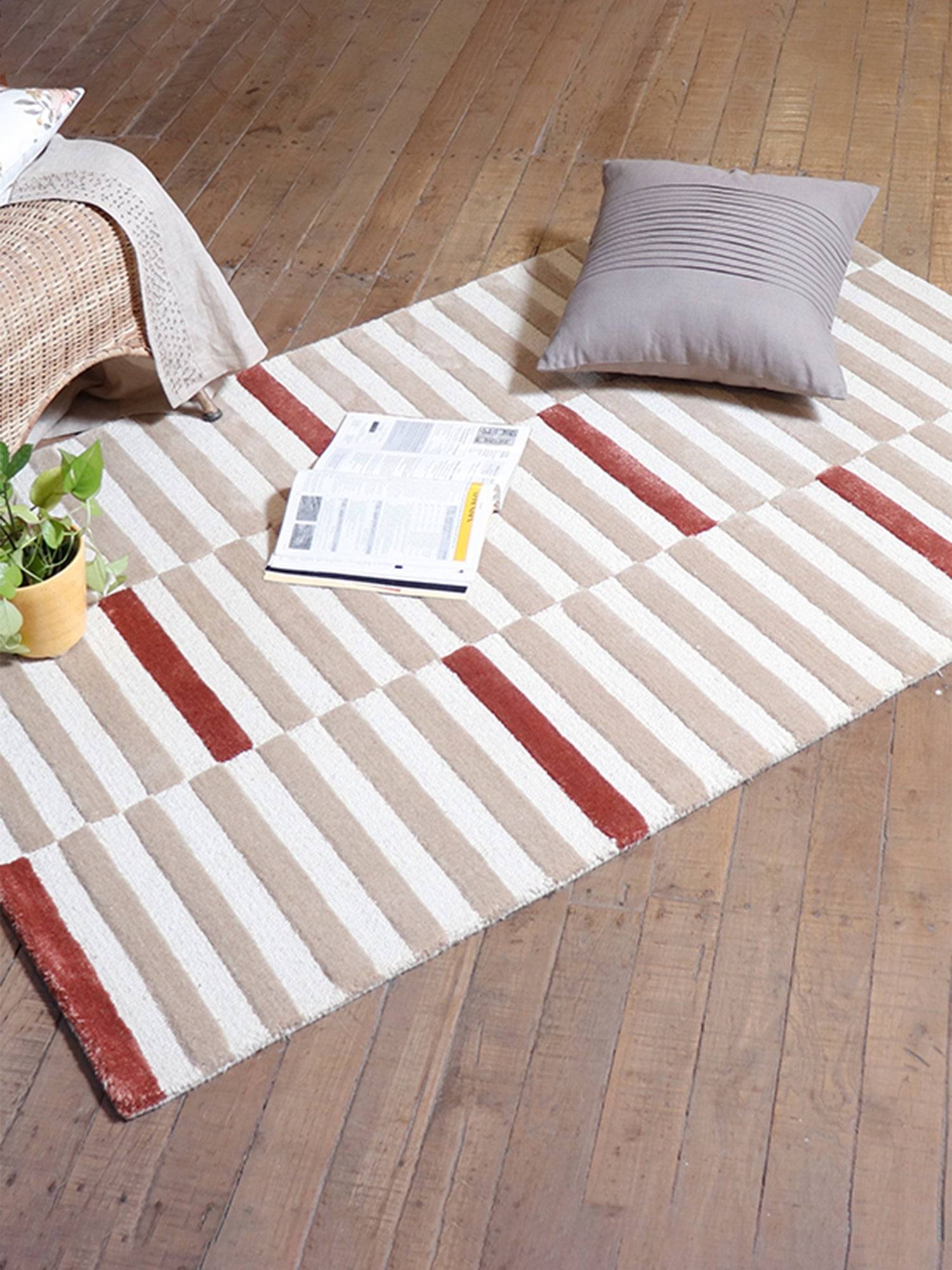 Carpet Hand Tufted 100% Woollen Geometric Lines Offwhite, Mushroom And Terra  - 4ft X 6ft