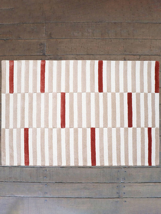 Carpet Hand Tufted 100% Woollen Geometric Lines Offwhite, Mushroom And Terra  - 4ft X 6ft