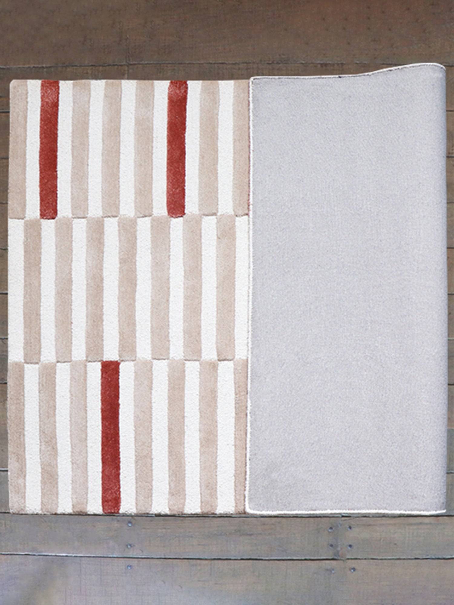 Carpet Hand Tufted 100% Woollen Geometric Lines Offwhite, Mushroom And Terra  - 4ft X 6ft