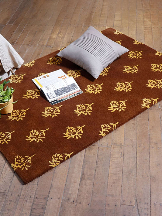 Carpet Hand Tufted 100% Woollen Mustard Block Motif - 4ft X 6ft