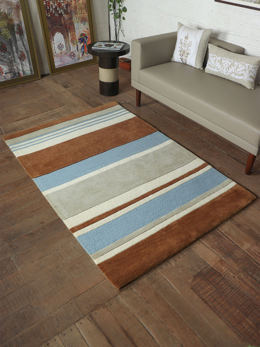 Hand Tufted 100% Wool | Villa Stripes Non Slip Vintage Rug Premium Exclusive Carpet for Living Room, Bedroom, Office - (Beige/Blue, 4x6 Ft)