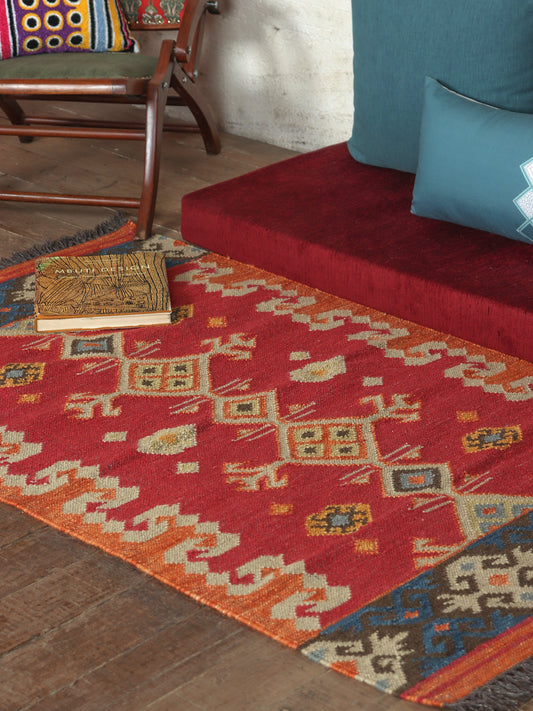 Dhurrie Handwoven Wollen for Floor, Living Room & Bedroom | Red - 3x5 feet