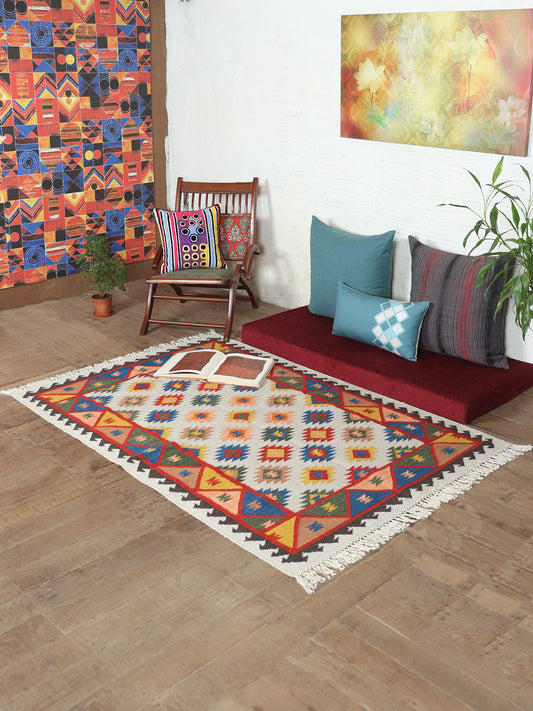 Dhurrie Handwoven Wollen for Floor, Living Room & Bedroom | Multicolor - 4x6 feet