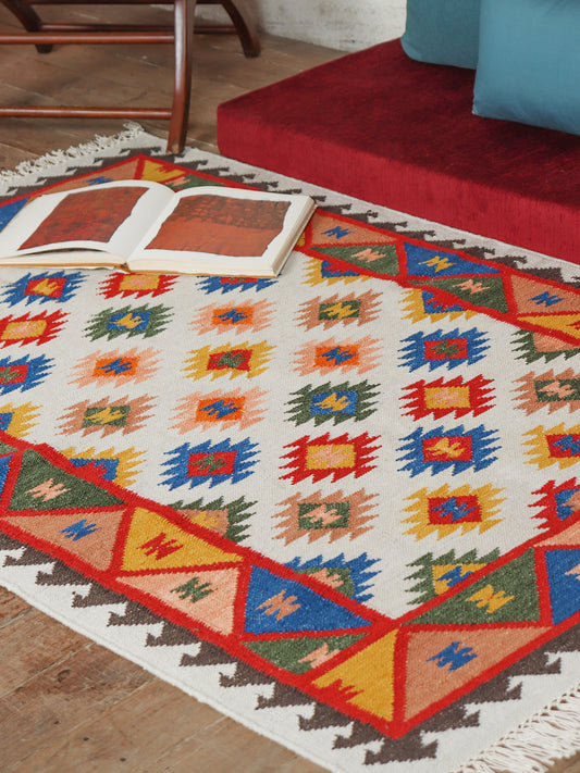 Dhurrie Handwoven Wollen for Floor, Living Room & Bedroom | Multicolor - 4x6 feet