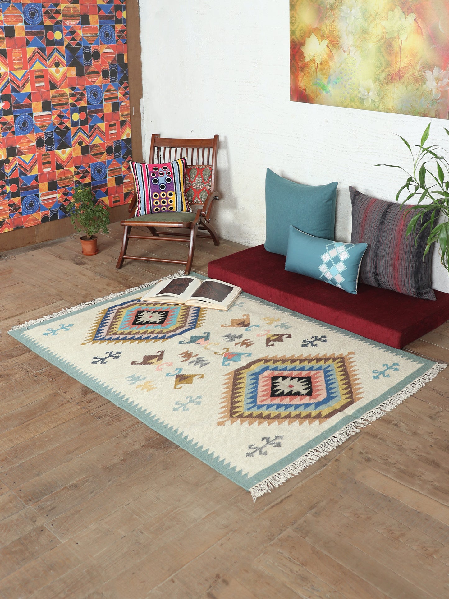 Dhurrie Handwoven Wollen for Floor, Living Room & Bedroom | Multicolor - 3x5 feet
