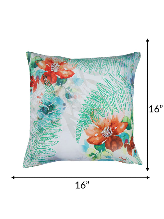 Cushion Cover with Hand Embroidery (Silver Zari) on Floral Print - Cotton Blend | Multi - 16x16in(40x40cm) (Pack of 1)