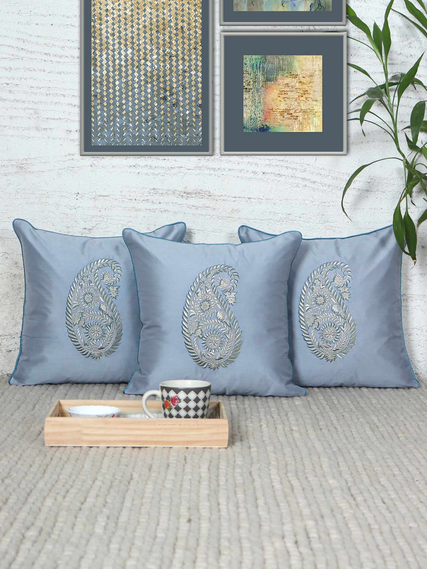 Paisley Motif in Two Tone Embroidered Cushion Cover  with Cord Piping - Metallic Grey