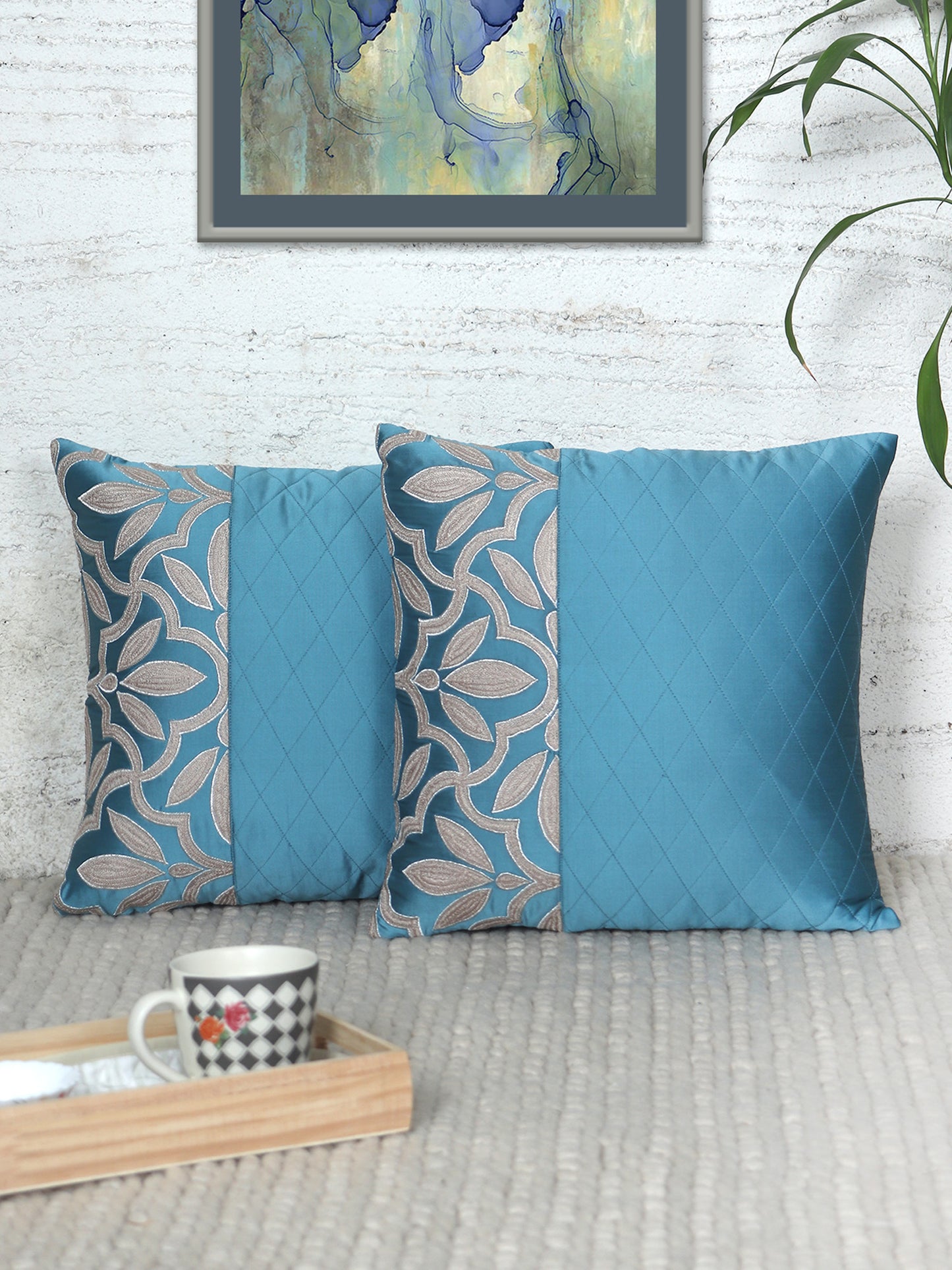 Floral Embroidered Cushion Cover with Quilting lines - Aqua Blue