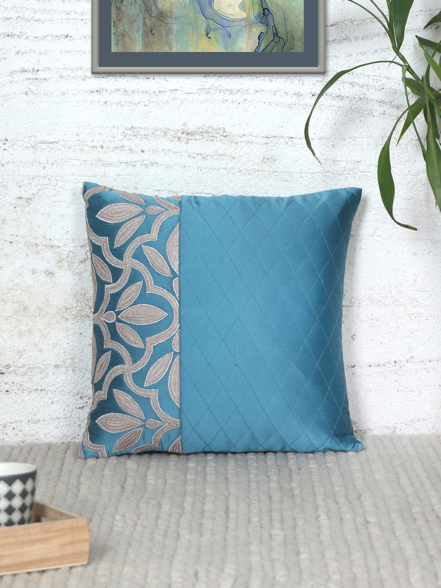 Floral Embroidered Cushion Cover with Quilting lines - Aqua Blue