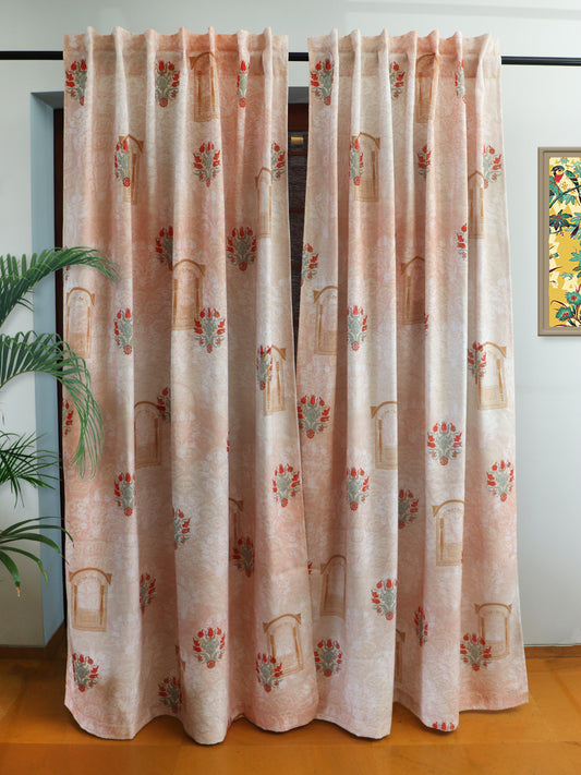 Door Curtain Cotton Blend Mughal Jharokha Print Beige Brown - 50" x 84" (Pack of 2)(Hidden Loop)