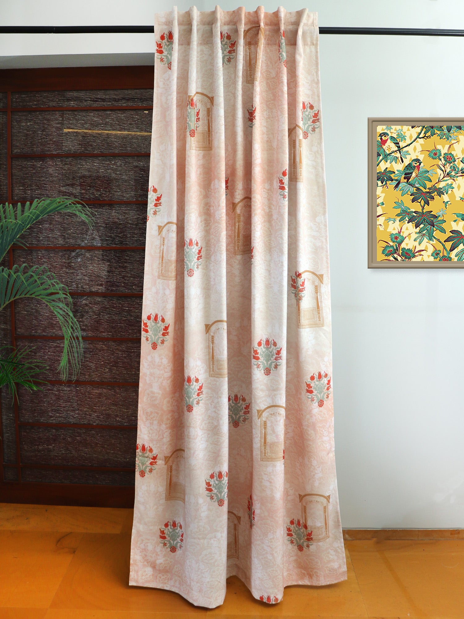 Room Darkening Blackout Door Curtain 7 Feet | Cotton Blend Curtain for Bedroom and Living Room with Hidden Loop | Mughal Jharokha Printed in Beige Brown Color - 50x84 inches