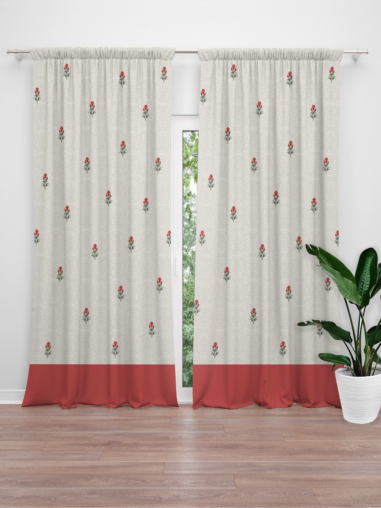 Door Curtain Cotton Blend Floral Digital Printed in White Orange - 50" x 84" (Pack of 2)(Hidden Loop)