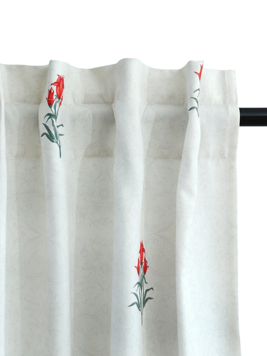 Door Curtain Cotton Blend Floral Digital Printed in White Orange Color - 50" x 84" (Hidden Loop)