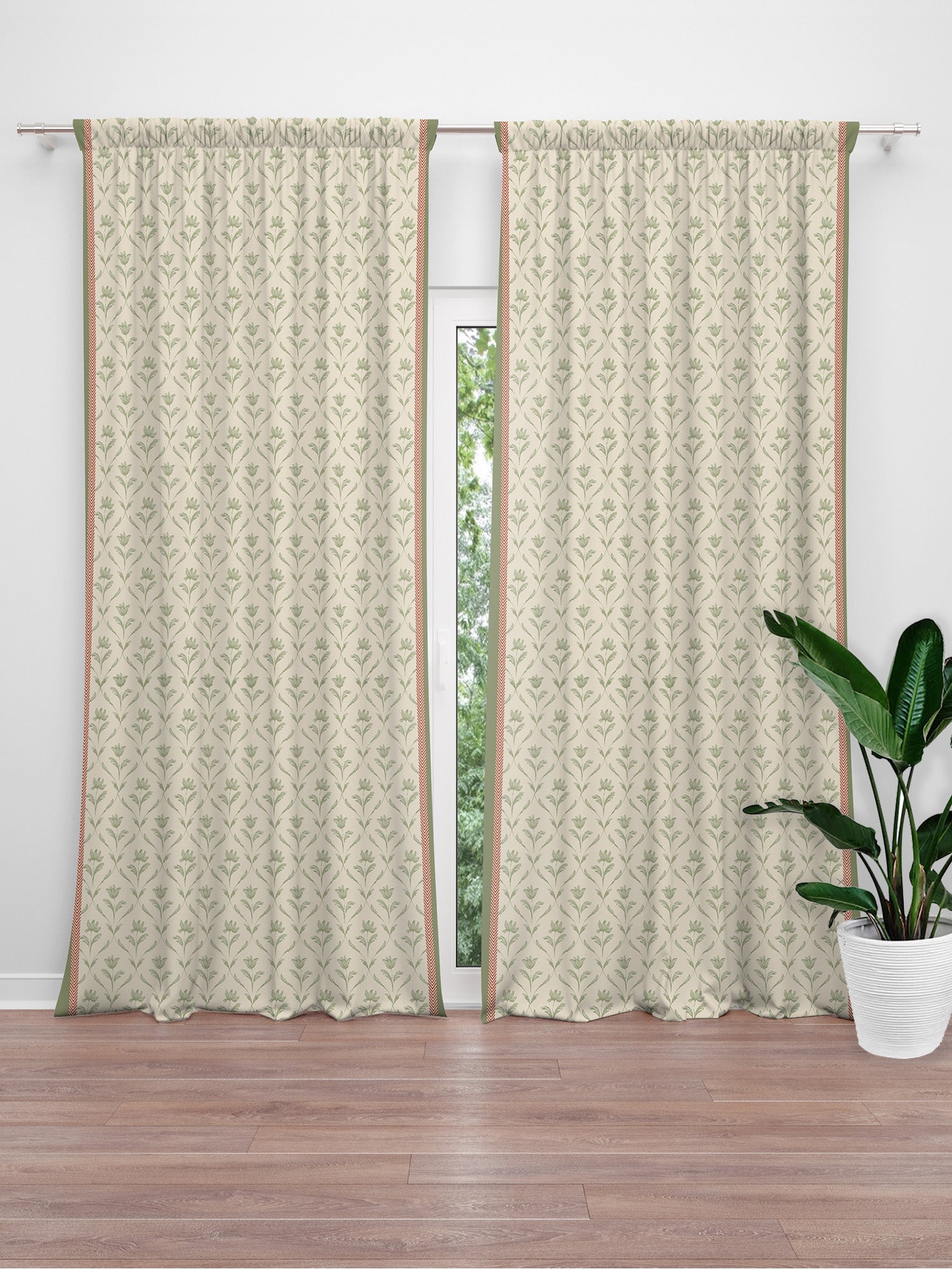 Door Curtain Cotton Blend Floral Digital Printed in White Green Color - 50" x 84" (Pack of 2)(Hidden Loop)